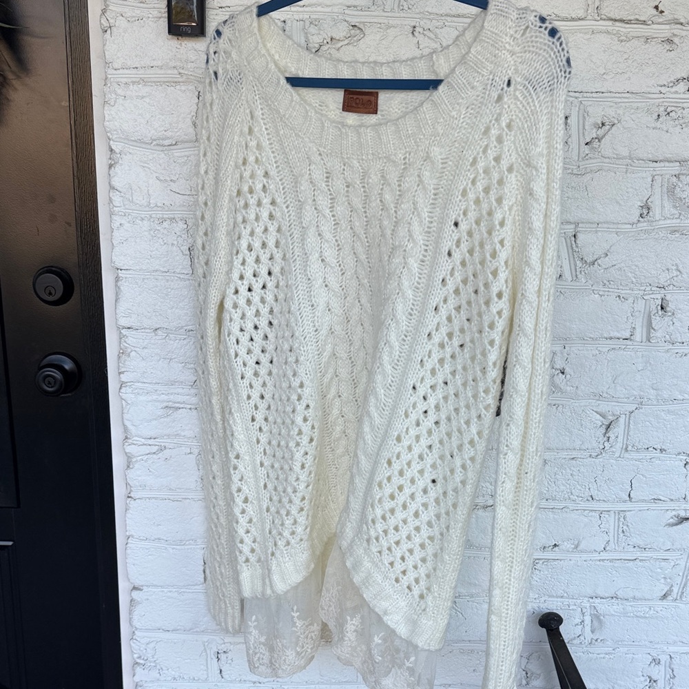 POL Cozy Knit Lace-Hem Sweater - Ivory